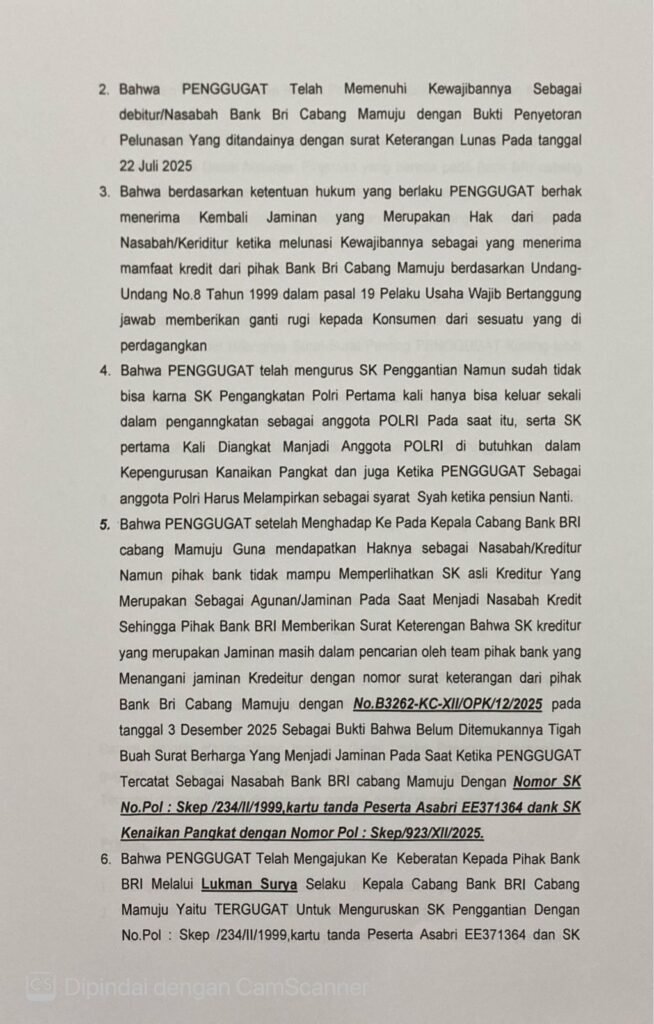 Salah satu salinan gugatan dari penggugat ke pihak Bank BRI Cabang Mamuju